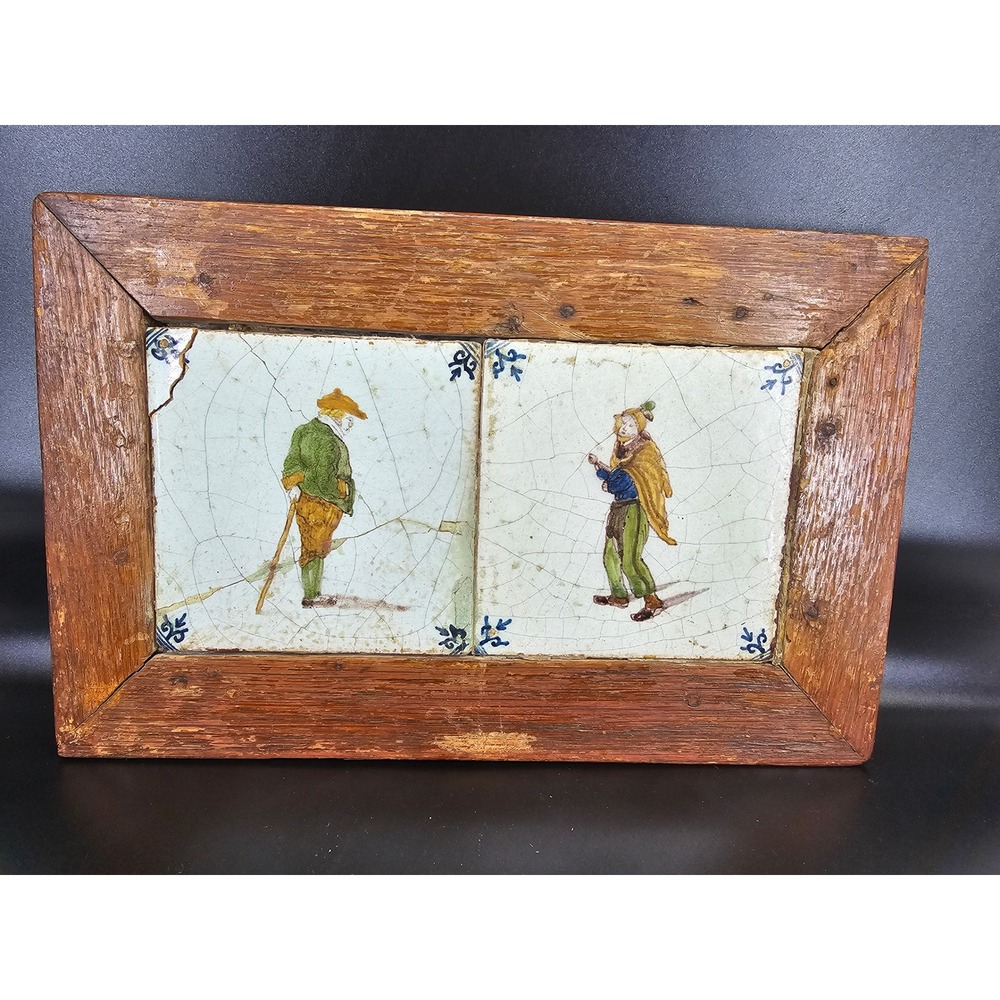 Dutch Delft Polychrome Tiles 18th Century Framed Folk Art Figures Pair Antique